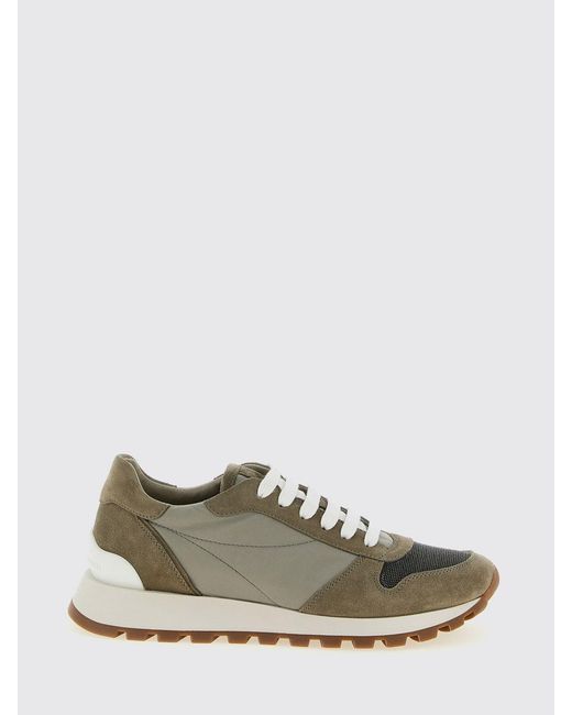 Brunello Cucinelli White Suede And Nylon Sneakers With Monile