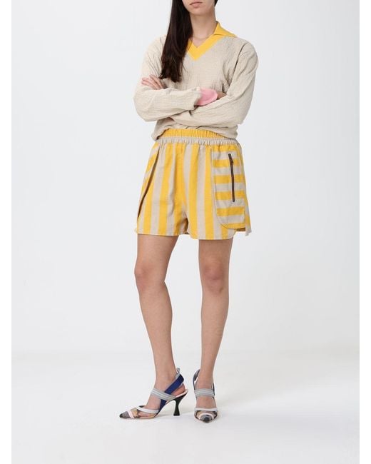 Fendi Yellow Cotton And Silk Striped Shorts