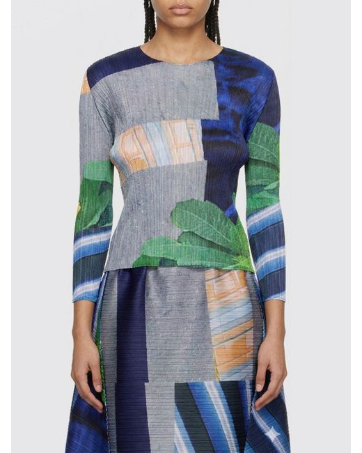Pleats Please Issey Miyake Blue City Collage Pleated Crêpe Top