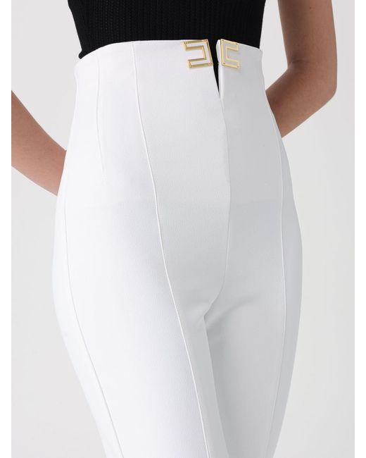 Elisabetta Franchi White Double Stretch Crepe Trousers With Logo