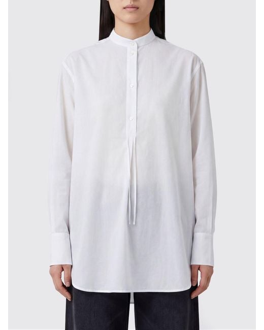 Totême White Organic Cotton Shirt With Mandarin Collar And Curved Hem