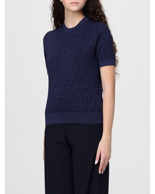 Fendi Blue Wool And Silk Crew-Neck Pullover With Monogram Motif