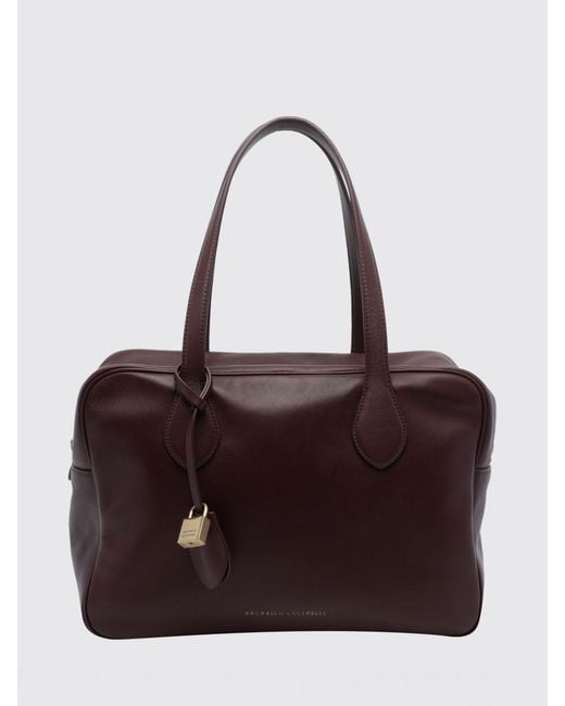 Brunello Cucinelli Purple Calfskin Shoulder Bag With Double Handle And Padlock