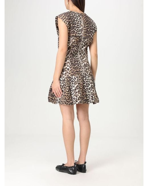 Ganni Natural Mini Dress Ruffle Hem Leopard Print