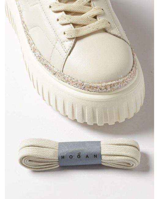 Hogan Natural H-Stripes Leather Sneakers With Glitter