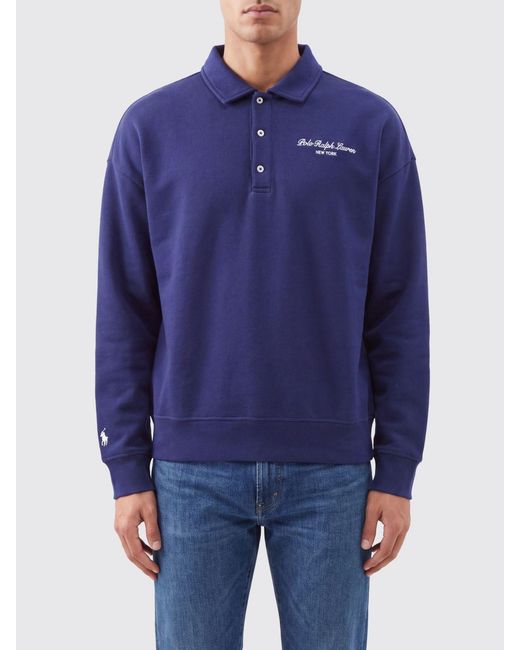 Polo Ralph Lauren Blue Long-Sleeved Cotton-Blend Polo Shirt With Contrast Logo for men