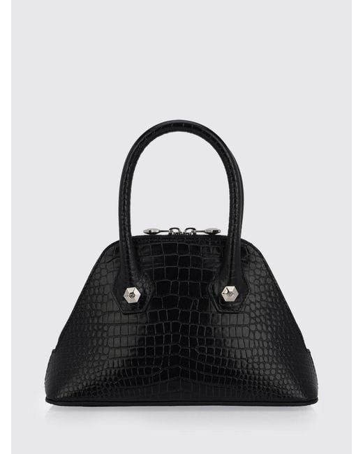 Philipp Plein Black Crocodile-Print Calfskin Leather Handbag With Hexagon Logo