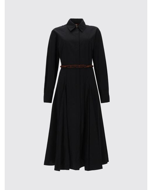 Max Mara Black Midi Chemisier Cotton Dress With Belt And Long Sleeves