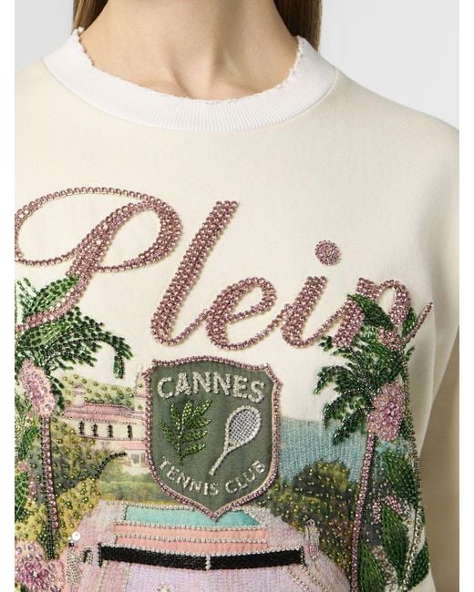 Philipp Plein Natural Cotton Crewneck Sweatshirt With Dropped Shoulders And Rhinestone Logo