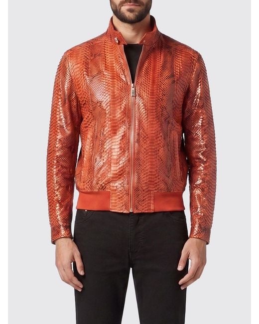 Billionaire Red Snakeskin Leather Bomber Jacket With High Collar And Zip Closure for men