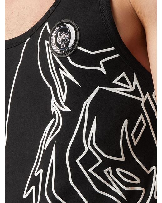 Philipp Plein Black Slim Fit Cotton Tank Top With Hexagon Logo Print for men