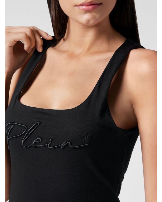Philipp Plein Black Slim Fit Jersey Tank Top With Square Neck And Embroidered Logo