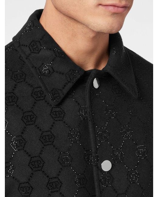 Philipp Plein Black Rhinestone Monogram Wool Bomber Jacket for men