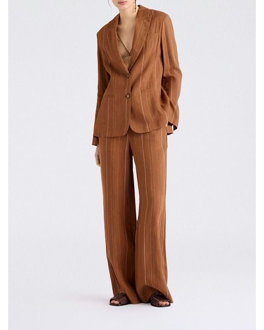Momoní Brown MomonÌ Pinstriped Linen Blend Single-Breasted Blazer
