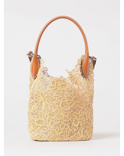 Ermanno Scervino Natural Embroidered Floral Motif Mesh Nylon And Raffia Bag