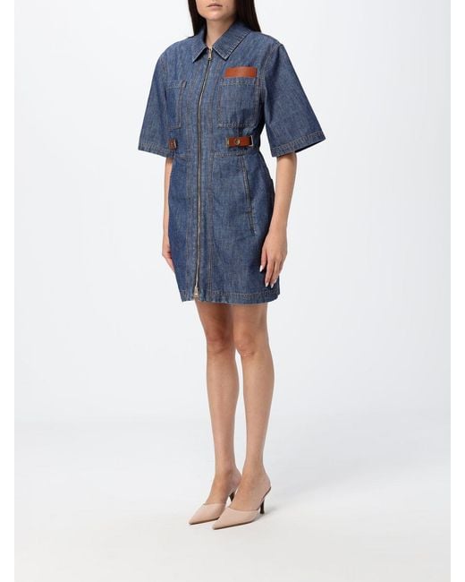 Fendi Blue Slim Fit Cotton Denim Mini Shirtdress With Zip