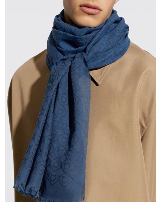 Ferragamo Blue Cotton Scarf With Gancini Logo And Fringed Hem for men