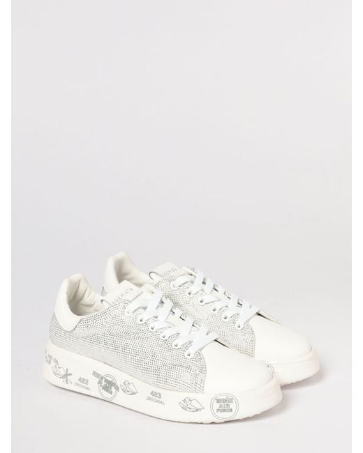 Premiata White Belle Leather Sneakers With Rhinestones