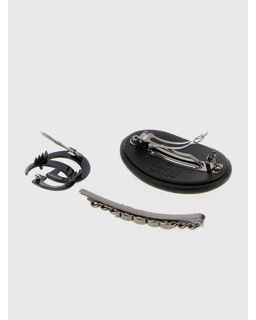 Gucci Black Set Of 3 Metal And Leather Hair Clips