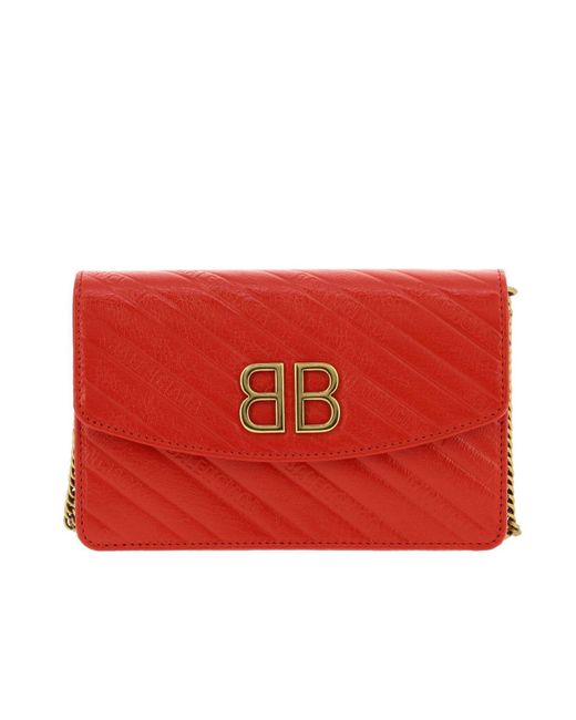 Balenciaga Red Bb Chain Wallet Mini Bag In Leather With All-over Embossed Logo