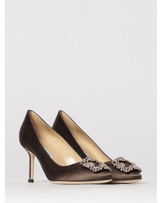 Manolo Blahnik Brown Hangisi Satin Pumps With Jewel Buckle