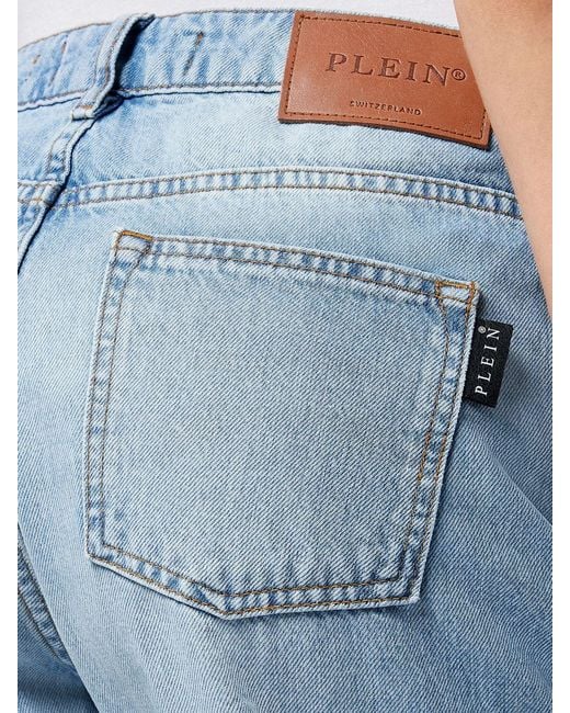 Philipp Plein Blue High-Waisted Wide Leg Cropped Stretch Denim Jeans
