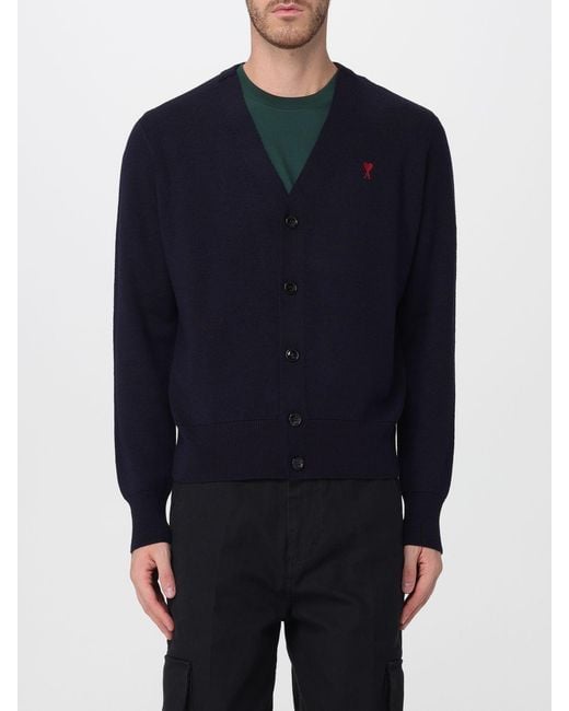 AMI Blue V-Neck Wool Cardigan With Contrast Embroidered Logo for men