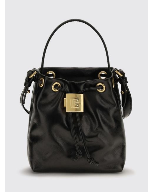 Balmain Black Pulse Leather Mini Bag With Drawstring Closure And Padlock