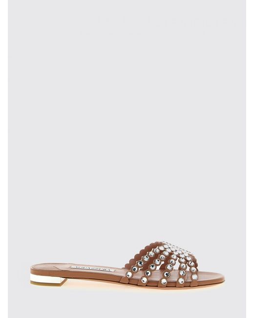 Aquazzura Pink Tequila Leather Slippers With Rhinestones