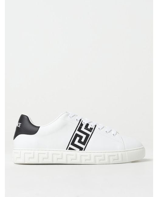Versace White Synthetic Leather Sneakers With Embroidered Greca for men