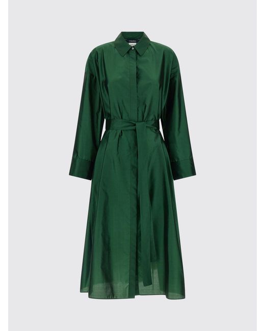 Max Mara Green Silk-Blend Midi Shirt Dress With Tie-Waist Belt