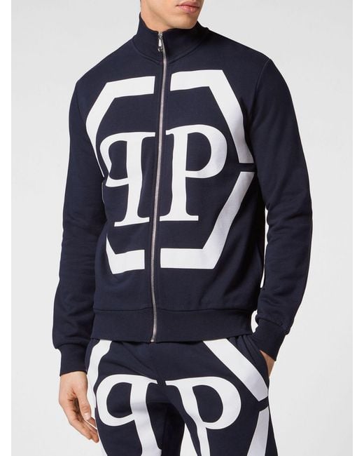 Philipp Plein Blue Cotton Zip-Up Sweatshirt With High Neck And Monogram Hexagon Logo for men
