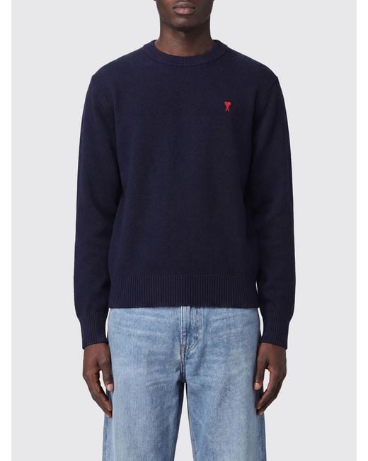 AMI Blue Crewneck Wool Jumper With Ami De Coeur Logo Embroidery for men