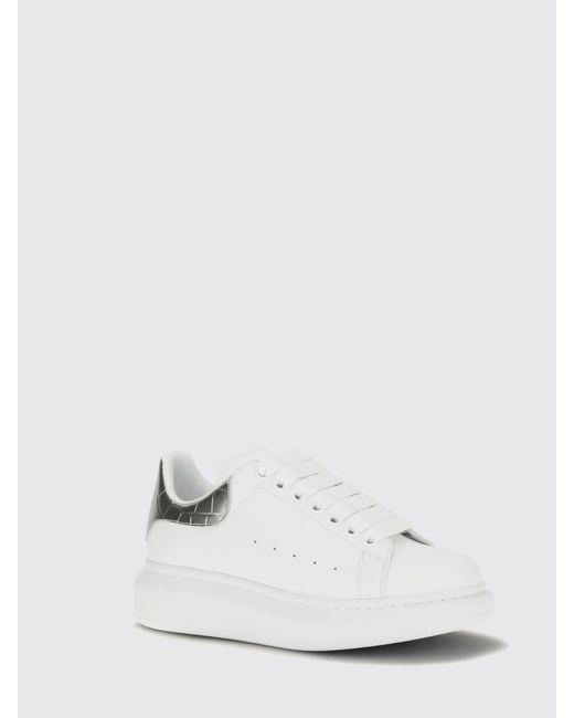 McQueen White Oversize Leather Sneakers With Laminated Croc-Effect Heel And Chunky Sole