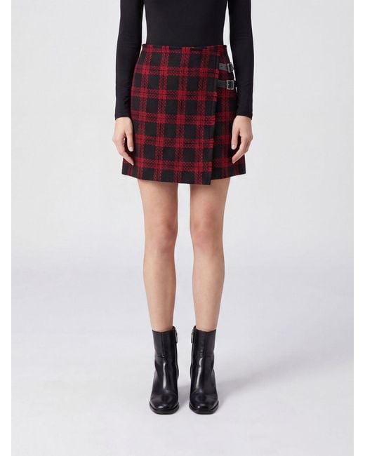 Pinko Red Check Pattern Wool Blend Wrap Mini Skirt