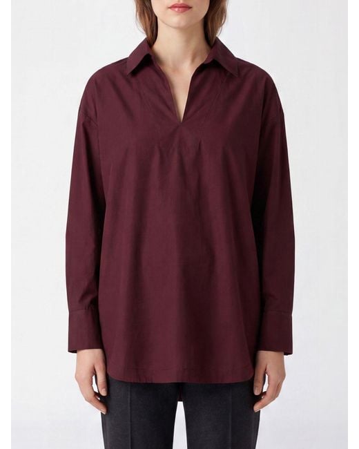 Max Mara Red Striped Cotton V-Neck Relaxed Fit Blouse