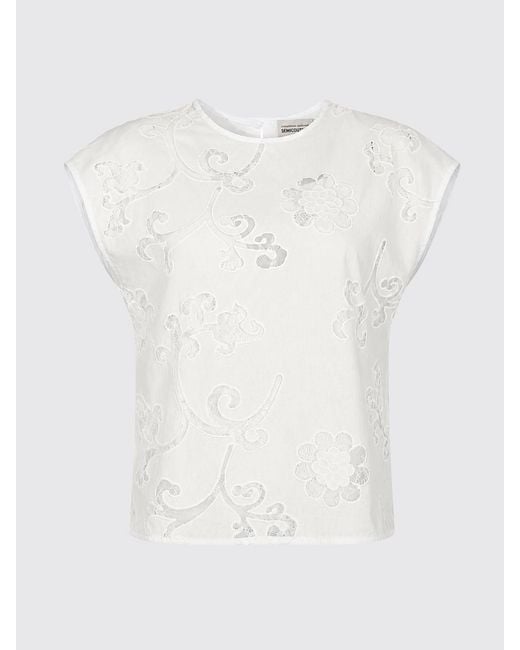 Semicouture White Short-Sleeved Embroidered Cotton And Lace Top