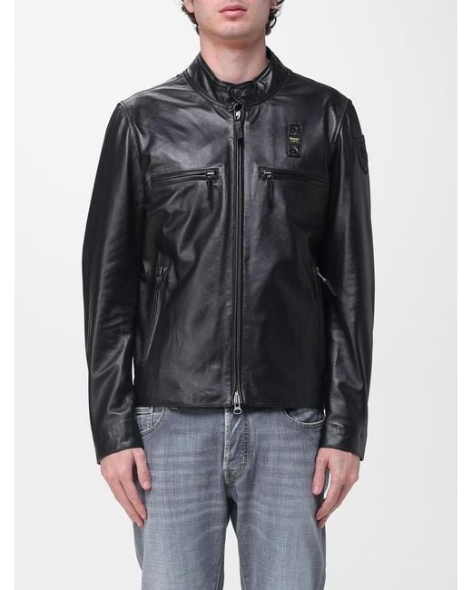 Blauer Black Leather Biker Jacket for men