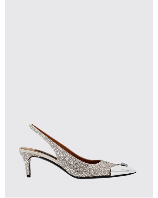 Philipp Plein White Leather Slingback Pumps With Crystal Skull And Mid Heel