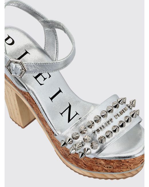 Philipp Plein White Studded Laminated Leather High-Heel Platform Sandals