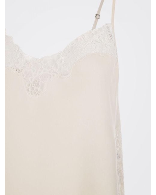 Mes Demoiselles White Midi Silk Slip Dress With Lace Inserts And V-Neck