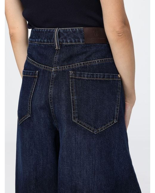 Brunello Cucinelli Blue High-Waisted Wide Leg Cotton Denim Jeans By