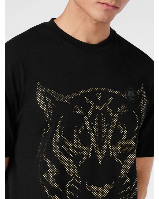 Philipp Plein Black Cotton T-Shirt With Rhinestones for men