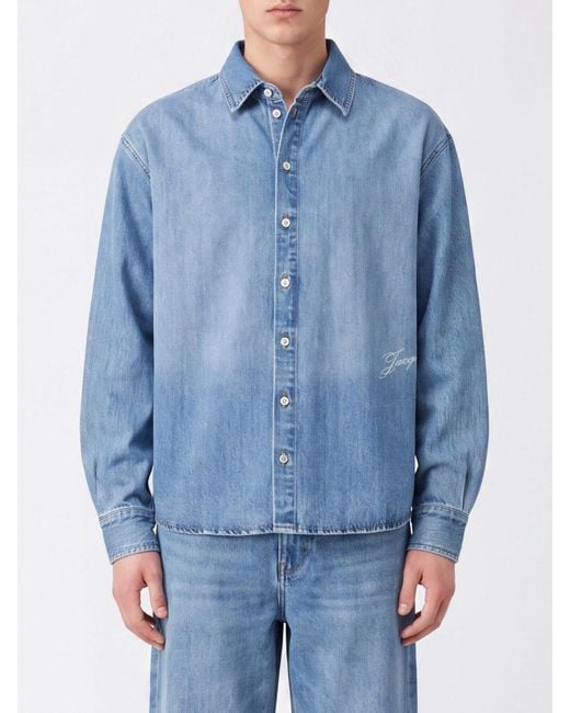 Jacquemus Blue Cotton Denim Shirt With French Collar And Logo for men
