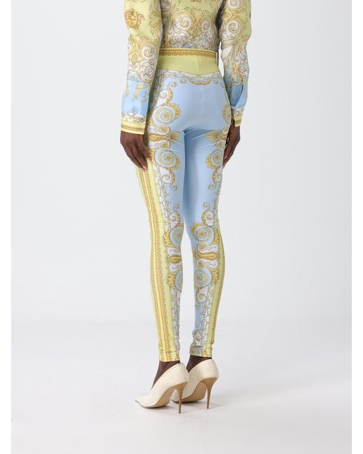 Versace Blue Stretch Fabric Leggings With Baroque Print