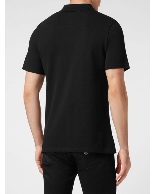 Philipp Plein Black Slim Fit Cotton Polo Shirt With Skull Print And Hexagon Logo for men