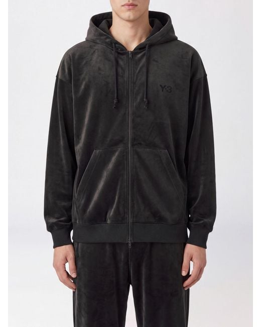 Y-3 Black Velvet Zip-Up Hoodie With Tone-On-Tone Logo for men