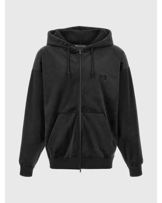 Y-3 Black Velvet Zip-Up Hoodie With Tone-On-Tone Logo for men