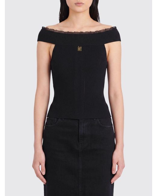 Elisabetta Franchi Black Off-The-Shoulder Ribbed Knit Top With Metal Logo