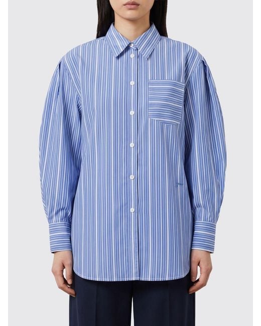 Ganni Blue Striped Cotton Shirt With Balloon Sleeves And Classic Collar